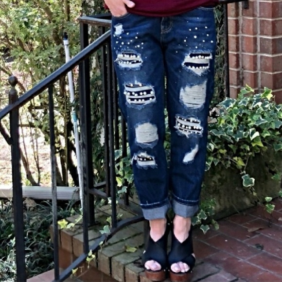 Boutique Denim - LAST 1! Pearl & rhinestone distressed jeans - sz.8